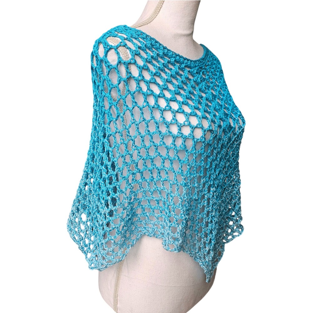 Handmade Crochet Shawl Women Teal Ombre Cotton Boho Poncho - Picture 4 of 12